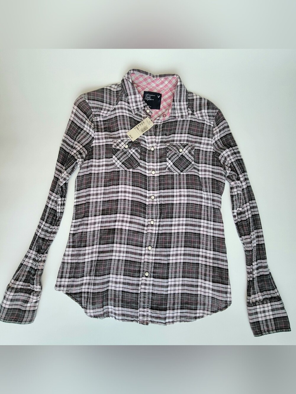 American Eagle Outfitters Pearl Snap Womens Size 10 Blue Plaid Button Down